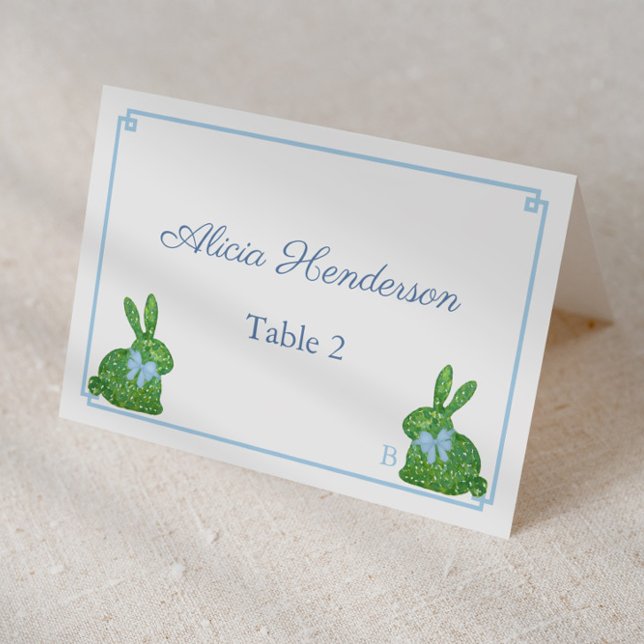 Cartões Smart Blue & Green Bunny Páscoa Brunplace (Individual place cards for baby boy showef with topiary bunny with light blue bow)