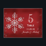 Cartões vermelhos e brancos do número da mesa do<br><div class="desc">Os cartões brancos bonitos do número da mesa do casamento do floco de neve com um floco de neve bonito projetam com uma folha e um design floral e umas reflexões geladas dadas forma coração atrás dele. Os olhares hued vermelhos tonificados deste jóia lindo fundo da cor do rubi como...</div>