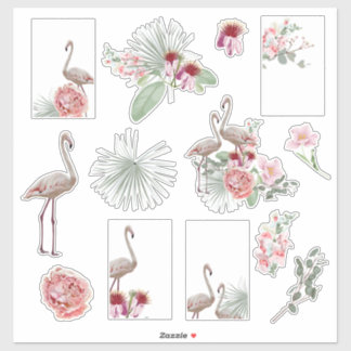 Cartoon adesivos tropicais com palma e flamingo.