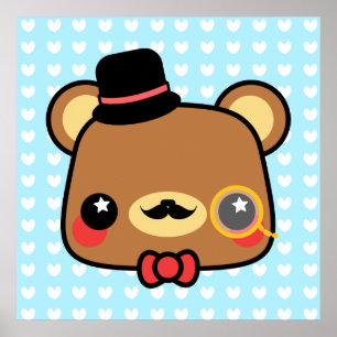 Cartoon Adorável Kawaii Bear Mustache Poster