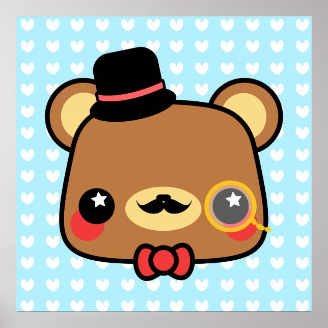 Cartoon Adorável Kawaii Bear Mustache Poster (Frente)