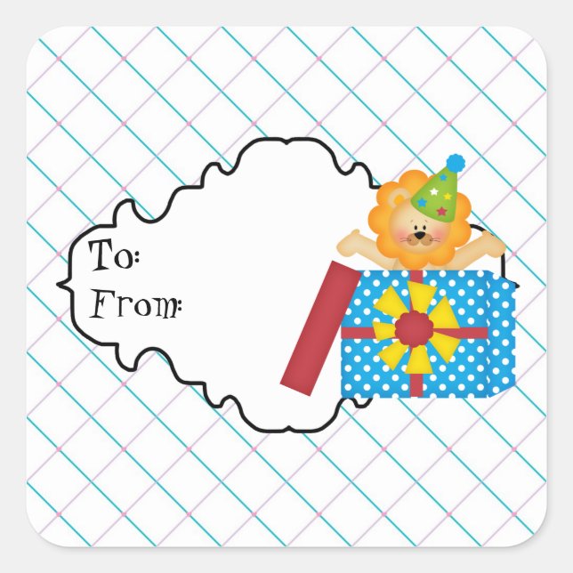 Cartoon Birthday Lion com etiqueta para presentes (Frente)