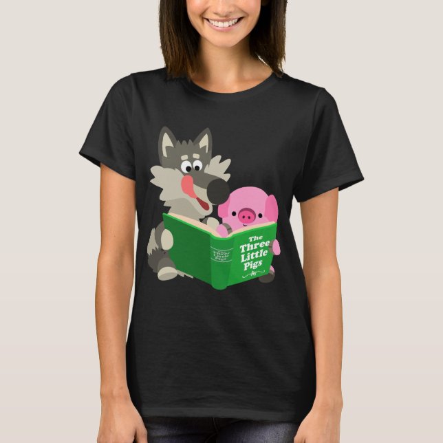 Cartoon Bonito Porco e Lobo Lendo Camiseta Mulher (Frente)