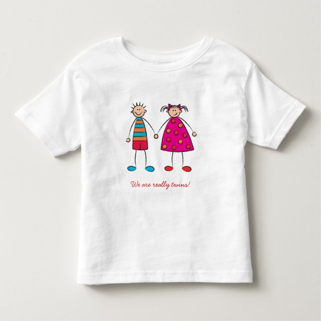 Cartoon Boy + Girl Cute Twins Diversão Da T-shirt  (Frente)