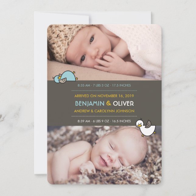 Cartoon Ducks Bebê Garotos Gêmeos Anúncio de Nasci (Frente)