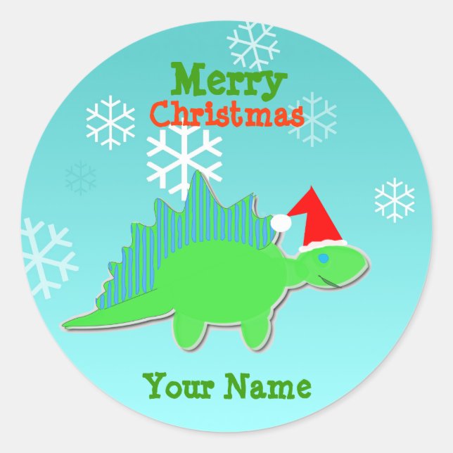 Cartoon Feliz de Natal Etiquetas de nome Dinossaur (Frente)
