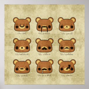 Cartoon Kawaii Grunge Bears com Poster de bigode