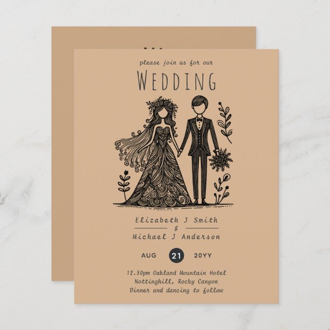 Cartoon Noiva Teracotta de Casamento Desenhado (Frente/Verso)