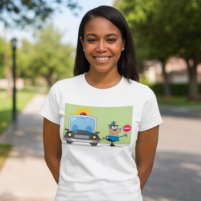 Cartoon Police Officer Stop Sign T-Shirt (Criador carregado)