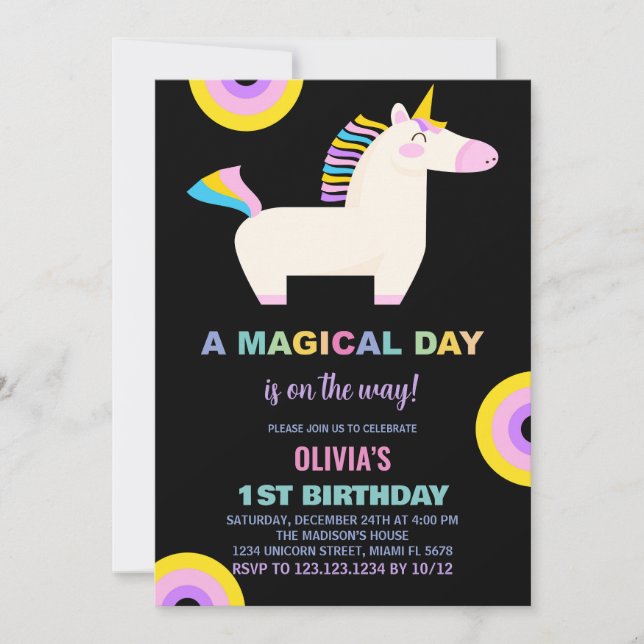 Cartoon Rainbow Unicorn - Convites de Aniversário (Frente)