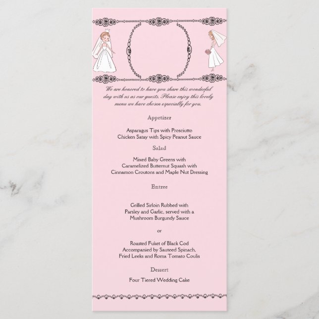 Cartoon Romântico Brides Menu Casamento (Frente)