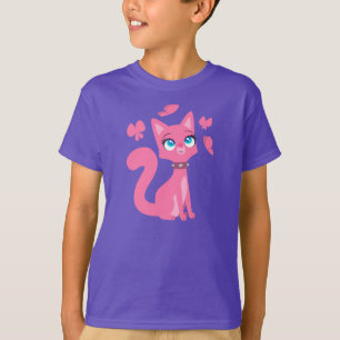 Cartoon Rosa Gato e Borboletas Filhos T-Shirt