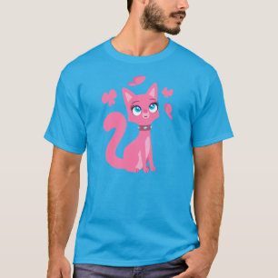 Cartoon Rosa-Gato e Borboletas T-Shirt
