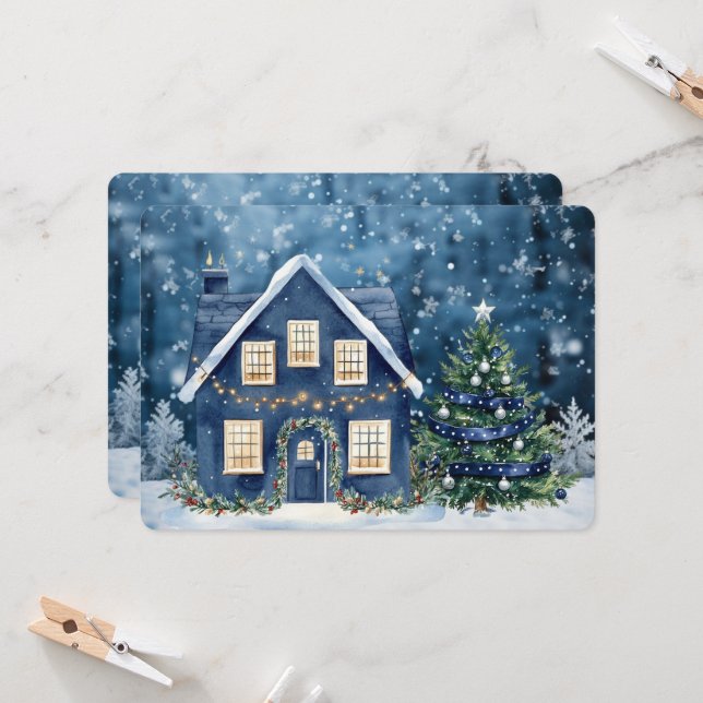 Casa Cena de Inverno Neve Natal Azul (Frente/Verso In Situ)
