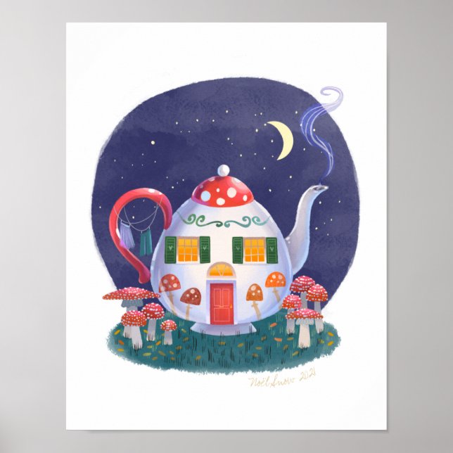 Casa de Bule de Chá de Cogumelo Impressão de Arte  (Frente)