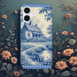 Casa Rústica Monograma Toile Francês Azul Romântic