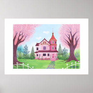 Casa Vitoriana Rosa Impressão Grande