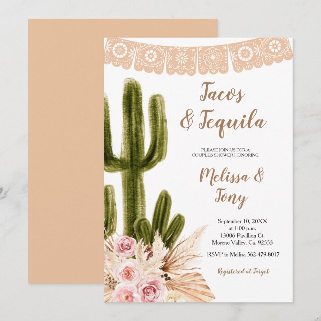 Casais de Grama Boho Cactus Pampas Convite para Ch (Frente/Verso)