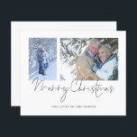 Casal 2 Fotografias Script Merry Christmas Card<br><div class="desc">Casal de Orçamento 2 Fotos Roteiro Feliz Natal. Um valor para o alternativo do ORÇAMENTO em tamanho menor de 4, 5 x 5, 6" de semirbrilho de 110 lbs, que é de espessura semelhante a um cartão postal (no entanto, não é adequado para uso como cartão postal). POR FAVOR, NOTE...</div>