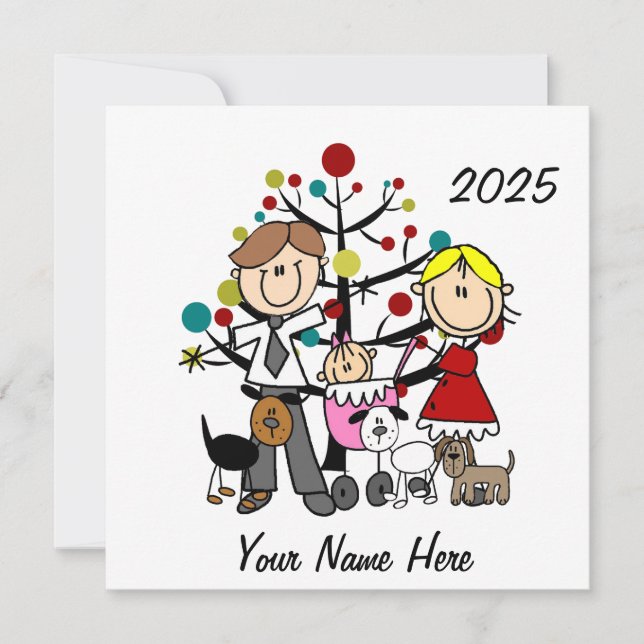 Casal com Garota Bebê Três Cães Ornamento Cerâmico (Frente)