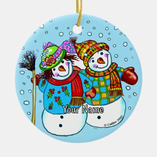 Casal de Boneco de Neve Enfeite de Cerâmica (Frente)