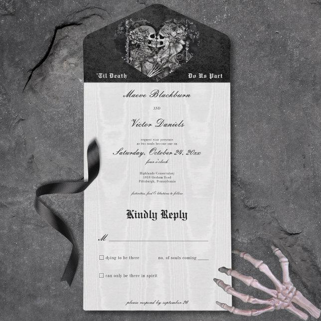 Casal de esqueleto preto e branco gótico sem Janto (Gothic Black & White Skeleton Couple No Dinner All In One Invitation)