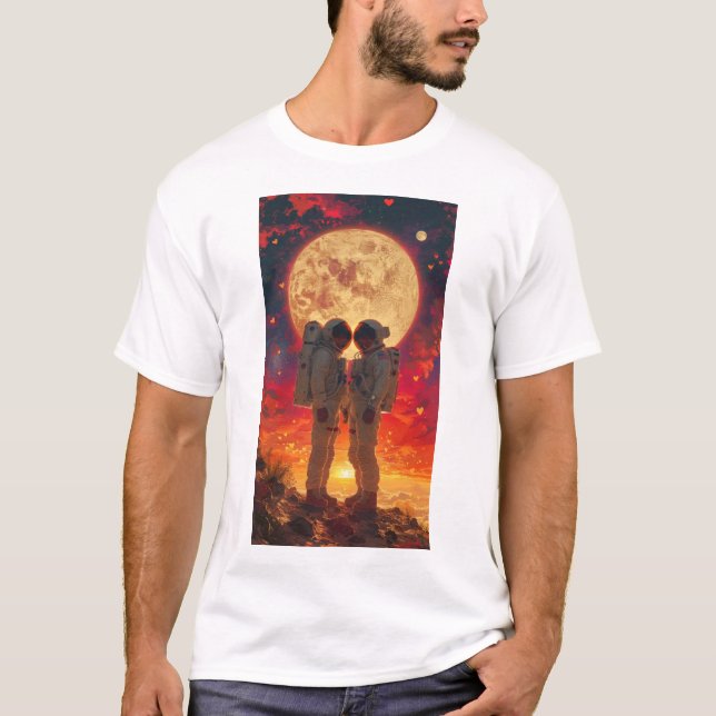 Casal do Astronauta do Estilo Retro na Camisa do D (Frente)