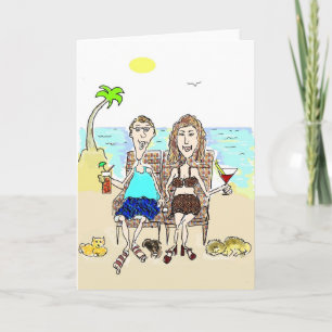 CASAL FELIZ DO ANIVERSÁRIO NO CARTÃO DA PRAIA