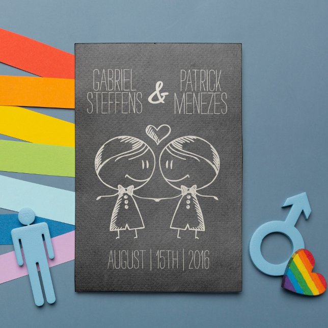 Casal no Convite para Casamento Gay de Quadro Negr (This simple and modern wedding invitation card will set the right mood for your unforgettable day.)