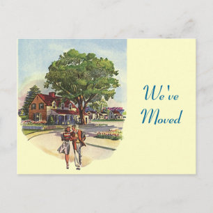 Casal retro do cartão nós movemos a casa nova do