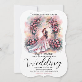 casal romântico sob o casamento do arco floral