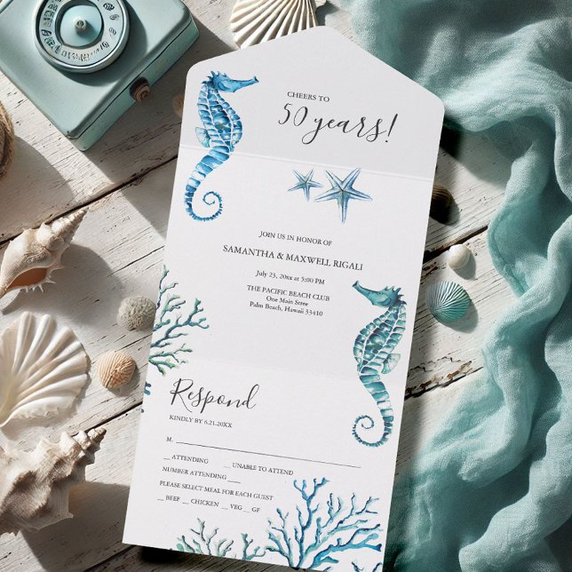 Casamento 50º Aniversário de Casamento com Waterco (50th wedding anniversary invitations with rsvp watercolor beach Victoria Grigaliunas DoTellABelle )
