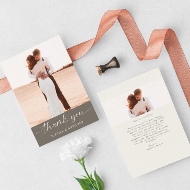 Casamento Agradecimento Foto Moderno Script Taupe (Criador carregado)