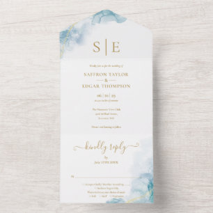 Casamento Aquarela Azul Monograma Dourado