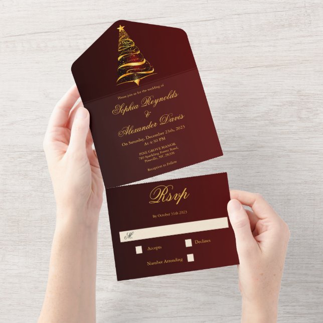 Casamento Árvore de Natal Dourada Minimalista com  (Aba destacável)