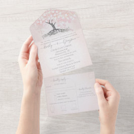 Casamento Árvore Folha Coração Rosa Bege Elegante
