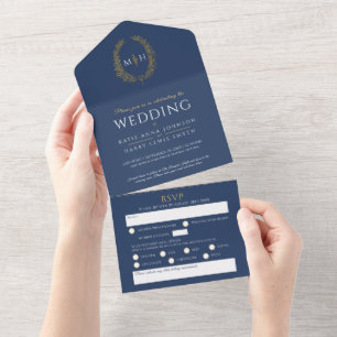 Casamento azul branco dourado oval folhas monogram