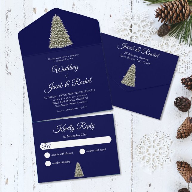 Casamento Azul Da Noite Da Árvore De Natal Elegant (Christmas tree on dark blue background rustic wedding all-in-one send-and-seal invitation.)