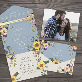 Casamento Azul De Floral Dusty Tudo Em Um Convite