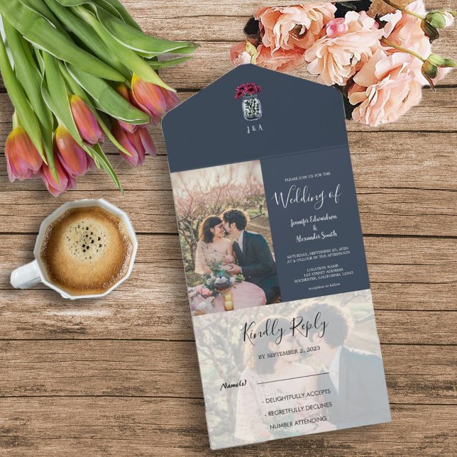 Casamento azul de foto do monograma de Mason Rusti (Rustic monogrammed mason jar photo all in one wedding invitation.)