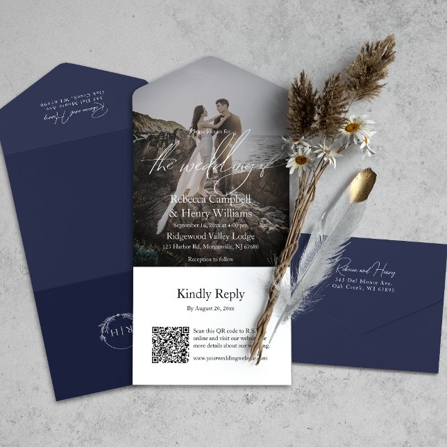 Casamento Azul de Marinho RSVP de Código QR de Scr (All-in-one wedding invitation with QR code to RSVP - Simplify and save time for you and your guests.)