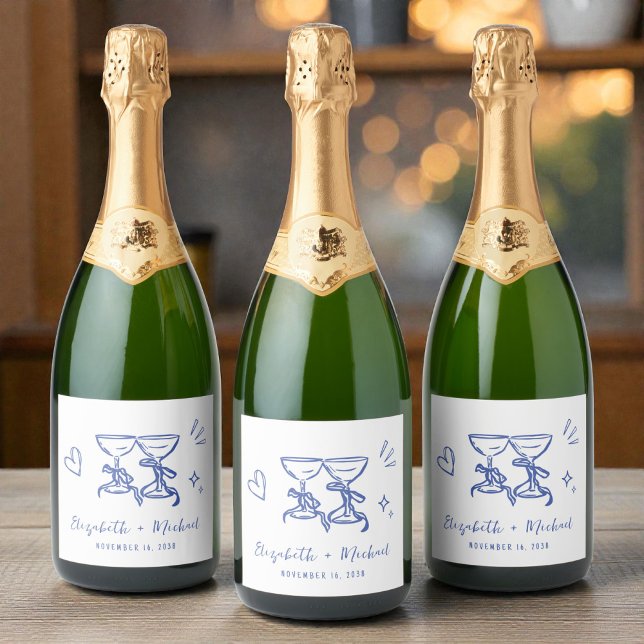 Casamento Azul Desenhado à Mão Caprichoso (Whimsical Hand Drawn Blue Wedding Sparkling Wine Label)