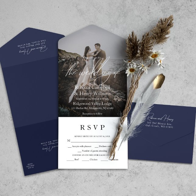 Casamento Azul do Marinho de Entrada RSVP de Scrip (Simplify your wedding with our all-in-one invitation – convenience and beauty in a single card.)