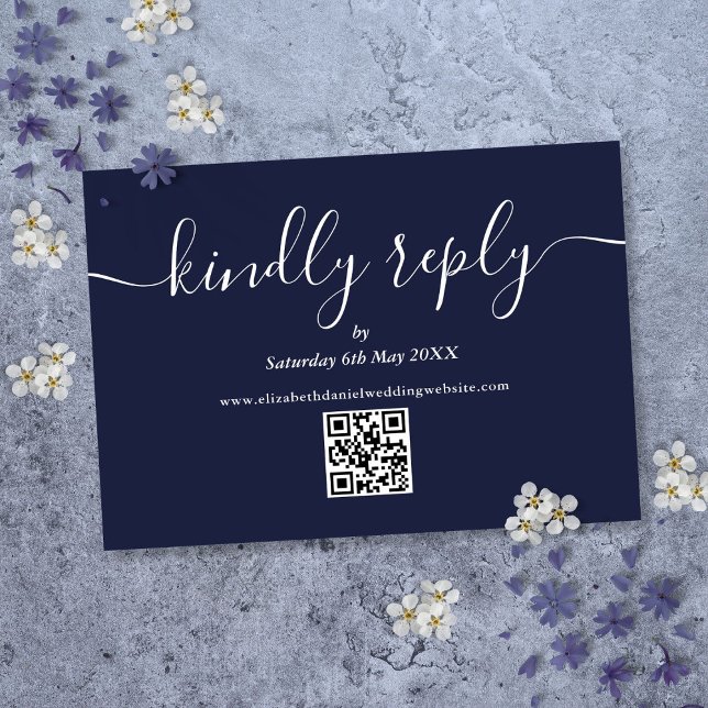 Casamento Azul do Marinho de Resposta de Script de (QR Code Script Kindly Reply Navy Blue Wedding RSVP Card)