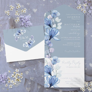 Casamento Azul Dusty Monograma Floral Transparente