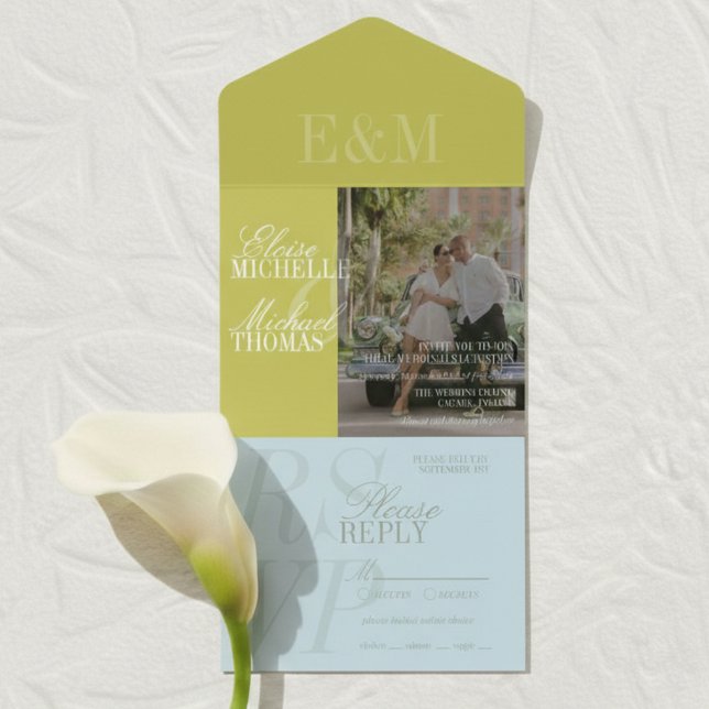 Casamento Azul e Chartreuse com Letra Moderna (Modern Script Chartreuse and Blue Wedding All In One Invitation)