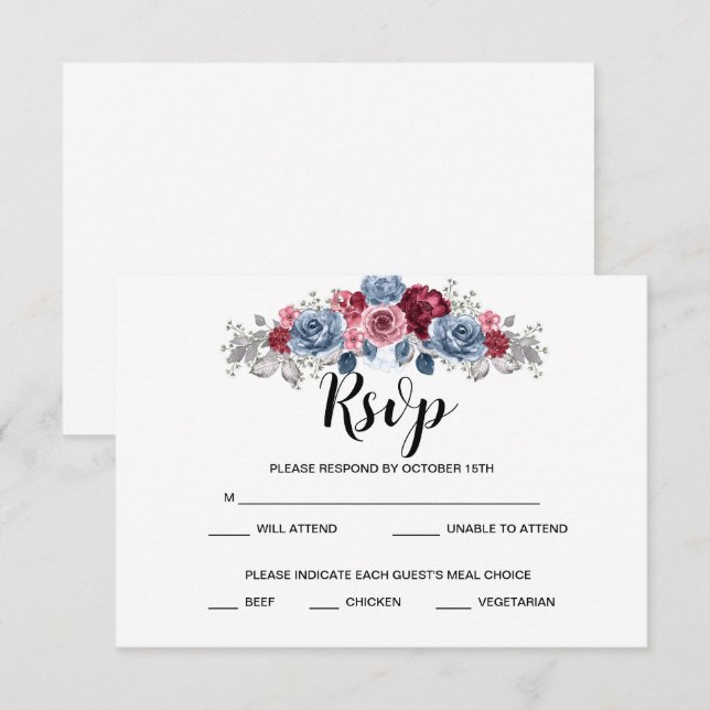 Casamento Azul Empoeirado e Borgonha RSVP   (Frente/Verso)