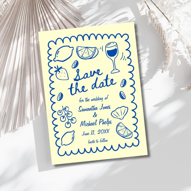 Casamento Azul Festivo à Beira-Mar - Salve a Data (Festive Blue Coastal Wedding Save the Date)