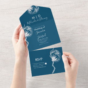 Casamento Azul-Marinho Arte Linha Plantas Algodão