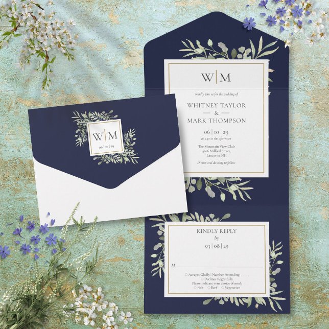 Casamento Azul Marinho de Monograma Elegante com F (Elegant Monogram Greenery Navy Blue Wedding All In One Invitation)